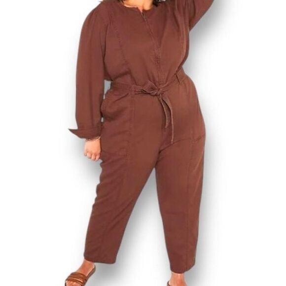 Womens Brown Utility Jumpsuit 2XL Belted Zip Front Retro Rosie the Riveter‎ 50's - Picture 1 of 7